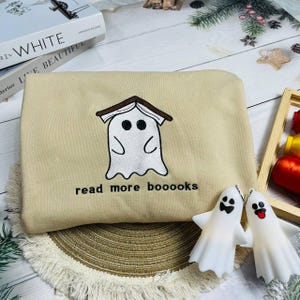 Embroidered Ghost Book Sweatshirt, Read More Booooks Sweatshirt, Fall Crewneck, Book Lover sweatshirt, Spooky Season Pullover, Ghost reading
