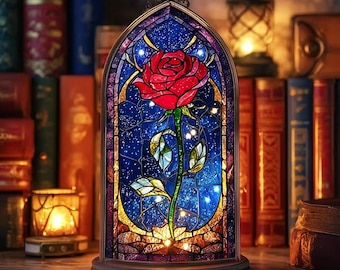 Enchanted Rose Book Nook Suncatcher Candle Holder, Beauty and the Beast Inspired Panel, Stained Glass Fantasy Window Light, Tealight Holder