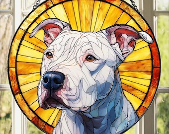 White Pitbull: Stained Glass Style Window Hanging, Animal Decor, Dog Lovers, Gift For Him/Her, Birthday Gift