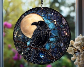 Raven Moon Stained Glass Suncatcher – Gothic Crow Window Hanging, Moonlight Night Art Decor, Mystical Bird Gift, Boho Home Ornament
