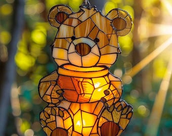 Bear with Honey Pot Acrylic Suncatcher Faux Stained ACRYLIC Window Hanging, Cute Animal Decor or Baby Room Gift for Kids or Nature Lovers
