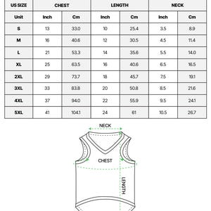 May include: A size chart for an all-over print mesh pet jersey. The chart lists US sizes S through 5XL with corresponding chest, length, and neck measurements in inches and centimeters. A line drawing of a pet jersey shows where to measure.
