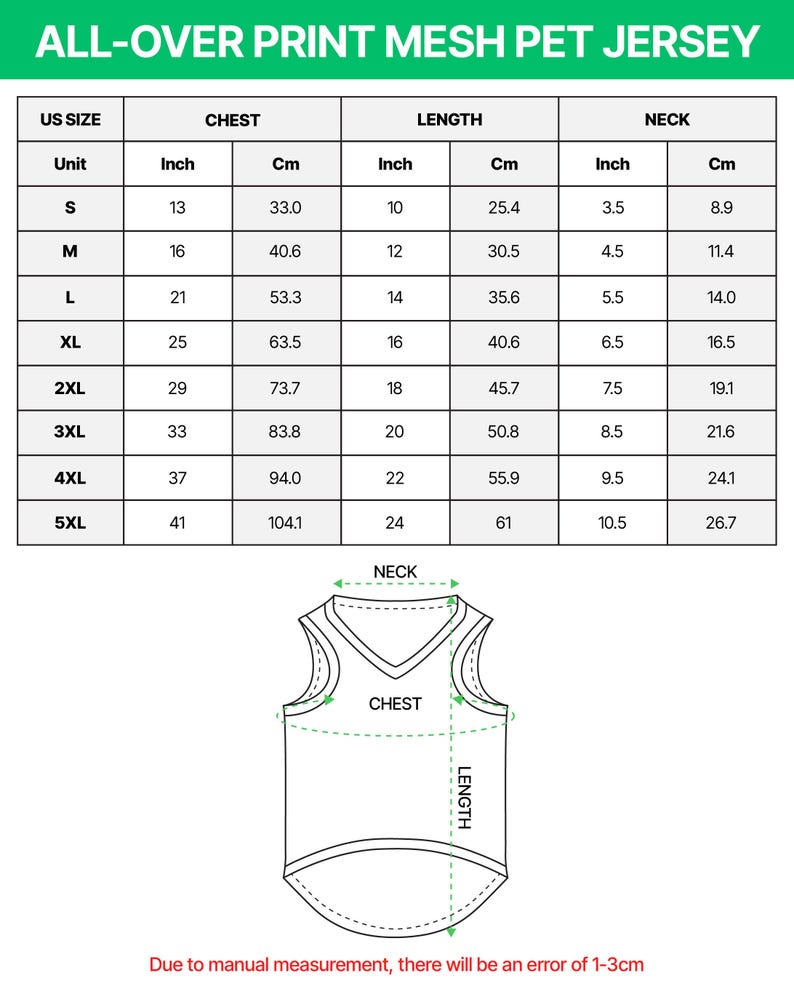 May include: A size chart for an all-over print mesh pet jersey. The chart lists US sizes S through 5XL with corresponding chest, length, and neck measurements in inches and centimeters. A line drawing of a pet jersey shows where to measure.