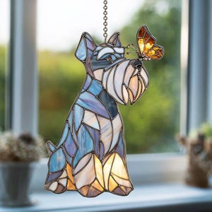 Schnauzer Suncatcher, Dog with Butterfly Window Hanging, Personalized Schnauzer Mom Gift, Pet Memorial Art, Puppy Lover Home Decor,Schnauzer image 4