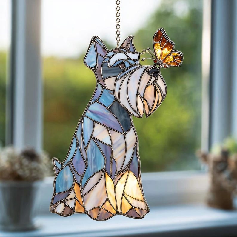 Schnauzer Suncatcher, Dog with Butterfly Window Hanging, Personalized Schnauzer Mom Gift, Pet Memorial Art, Puppy Lover Home Decor,Schnauzer image 4
