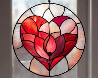 Rood hart glas-in-lood suncatcher: kleurrijk sun catcher decor voor thuis, valentijnshart suncatcher, romantisch decor, cadeau voor geliefde