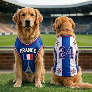 May include: Two golden retriever dogs wearing blue, white, and red sports jerseys. The front jersey features the text FRANCE, a French flag, and an Eiffel Tower graphic. The back jersey displays the number 24 and fleur-de-lis symbols.