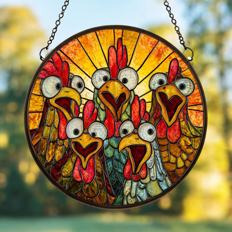 Crazy Chicken Glass Suncatcher, Funny Farmhouse Window Décor, Chicken ...