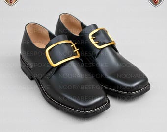 Zapatos coloniales napoleónicos de los siglos XVII y XVIII, hechos a medida: punta cuadrada, cuero genuino, hechos a mano por encargo.