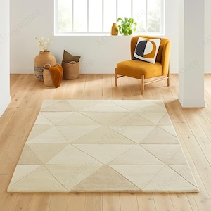 Luxury Handmade Floral Rug – Modern Beige & Cream Flower Carpet, rectangular Tufted Living Room Area Rug, Designer Artistic Floor Décor