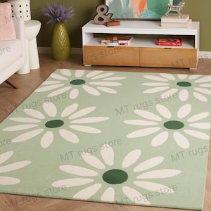 Green Daisy Flower Area Rug – colors green,white Modern Floral Carpet, Retro Aesthetic Living Room Rug, Cute Boho Home Decor tufted Rug