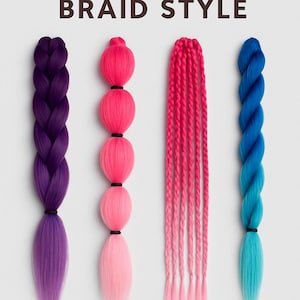 May include: Image showcasing four different braid styles. The first is a purple and violet braided style. The second is a pink style with round sections. The third is a long, straight pink braid. The fourth is a blue and turquoise twisted braid. The text "BRAID STYLE" is at the top.