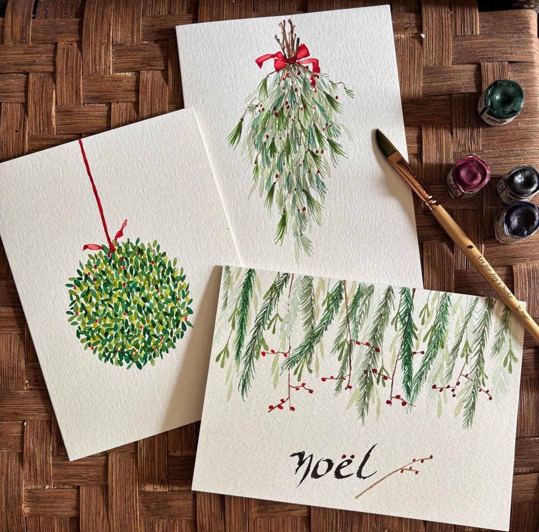 Hand Painted Watercolor Christmas Cards: Original Art, Set of 3 - Etsy