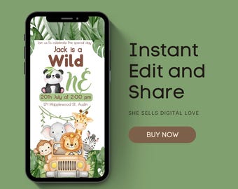 Kids Birthday Invitation: Editable Jungle Animals, 5x7 (Digital Download)