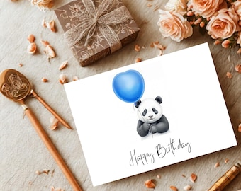 Panda Birthday Card: Balloon Design, Foldable 5x7 (Digital Download)