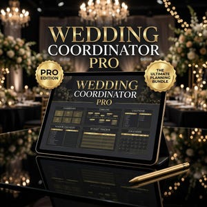 May include: A tablet displaying the Wedding Coordinator Pro digital planner with a dashboard, timeline, calendar, vendor checklist, and budget tracker. Two gold circular badges read Pro Edition and The Ultimate Planning Bundle. A gold stylus rests nearby.