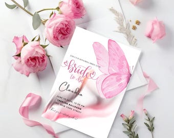 Pink Butterfly Bridal Shower Invitation, Editable Canva Template (Digital Download)