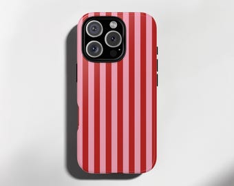 Aardbeirode en roze streep iPhone-hoesje Vetgedrukte dunne verticale streep hoes Retro snoep streep iPhone 16 15 14 13 12 Pro Max Stevige hoes slank