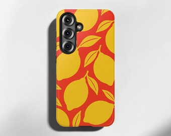 Sunkissed Lemons Phone Case for Samsung Galaxy S25, S24, S23, S22, S21, S20 models Tough Case Slim Citrus Fruit Print Yellow & Red Vibrant