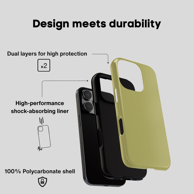 May include: An image of a phone case disassembled to show its construction. It features dual layers for protection, a shock-absorbing liner, and a polycarbonate shell. The text "Design meets durability" is displayed at the top of the image.