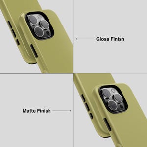 May include: Two olive-green phone cases, one with a glossy finish and the other with a matte finish, are shown against a light grey background. The text "Gloss Finish" and "Matte Finish" are included in the image.