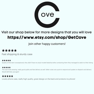 May include: A black and white logo featuring the word "ove" within a "C" shape. The Etsy shop URL: https://www.etsy.com/shop/GetCove is displayed below the logo. Customer reviews about the product are also included.