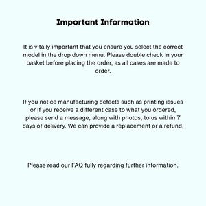 May include: A white background with black text. The text reads "Important Information" at the top, followed by instructions on selecting the correct model, checking orders, and reporting defects within 7 days for a refund or replacement.