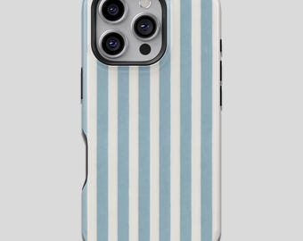 May include: A phone case featuring a light blue and white striped design. The case has a glossy finish and a black camera module. The design is simple and modern, suitable for everyday use.