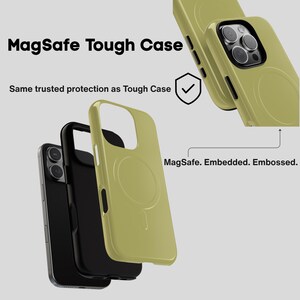 May include: Olive green MagSafe Tough Case for a smartphone, with a black interior case and a phone visible inside. The text "MagSafe Tough Case" and "Same trusted protection as Tough Case" are displayed.