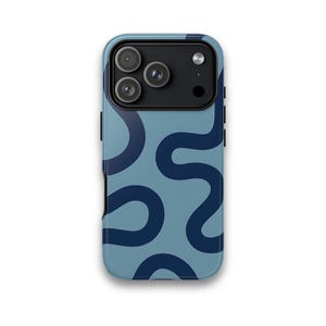 May include: A light blue phone case featuring a navy blue abstract wavy design. The case has a black camera module and black side buttons. The phone case is designed to protect the phone from scratches and damage.