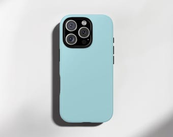 May include: A pale blue phone case with a matte finish. The case features a camera cutout with three lenses and a flash. The phone case is designed to fit a smartphone. The case is shown on a white background.