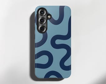 抽象的な波線ネイビーブルーの携帯電話ケース、Samsung Galaxy S25、S24、S23、S22、S21、S20モデル用、レトロヴィンテージ