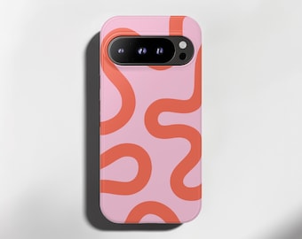 Abstract Minimalist Lines Coral Phone Case for Pixel 9, 9 Pro, 9 Pro XL, Pixel 8, Pixel 7, Pixel 6, Tough Case Retro Vintage