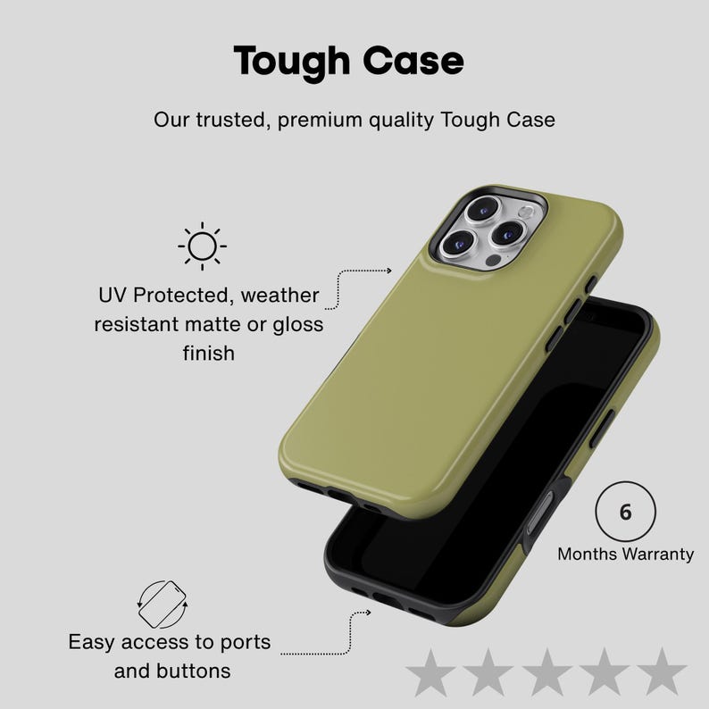 May include: Olive green phone case with the text "Tough Case". The case is shown in two parts, with the phone visible inside the black case. Features include UV protection, easy access to ports, and a 6-month warranty.