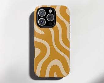 Mustard Marble Phone Case iPhone 16 iPhone 15 iPhone 14 iPhone 13 iPhone 12 and more models, MagSafe Tough Case Slim Abstract Wavy Swirls