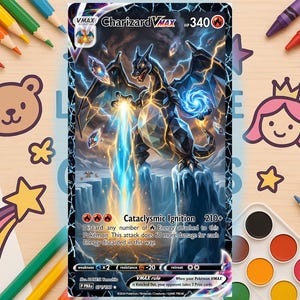 May include: A Pokémon Charizard VMAX trading card depicting a dragon unleashing blue energy. The card displays "Charizard VMAX" and "Cataclysmic Ignition". The image is surrounded by coloured pencils, crayons, and stickers.