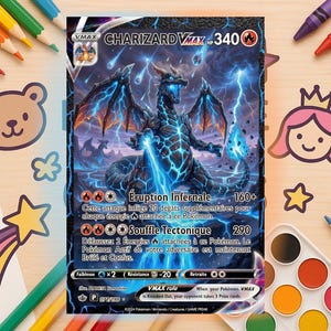 Puede incluir: Una carta coleccionable Pokémon Charizard VMAX con una ilustración de un dragón azul y negro. La tarjeta presenta texto que incluye "Charizard VMAX 340 HP" y "Eruption Infernale 160+". Lápices de colores, crayones y pegatinas rodean la tarjeta.