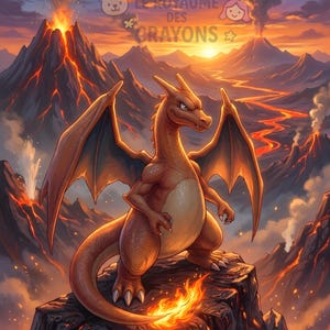 Puede incluir: Ilustración de un Charizard naranja y negro, de pie sobre una roca, con llamas y alas extendidas. El fondo muestra volcanes en erupción y una puesta de sol. El texto "Le Royaume des Crayons" es visible.