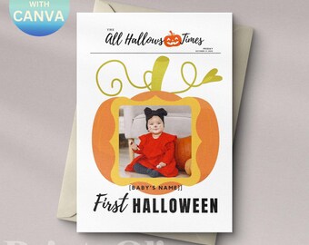Baby's First Halloween Card Postcard Newspaper Announcement: Editable Canva Template  (Digital Download)