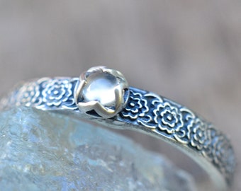 Tiny Moonstone Ring, Dainty Oxidised Silver Chrysanthemum Flower Stacking Band, 3mm Crystal, Womens Jewellery