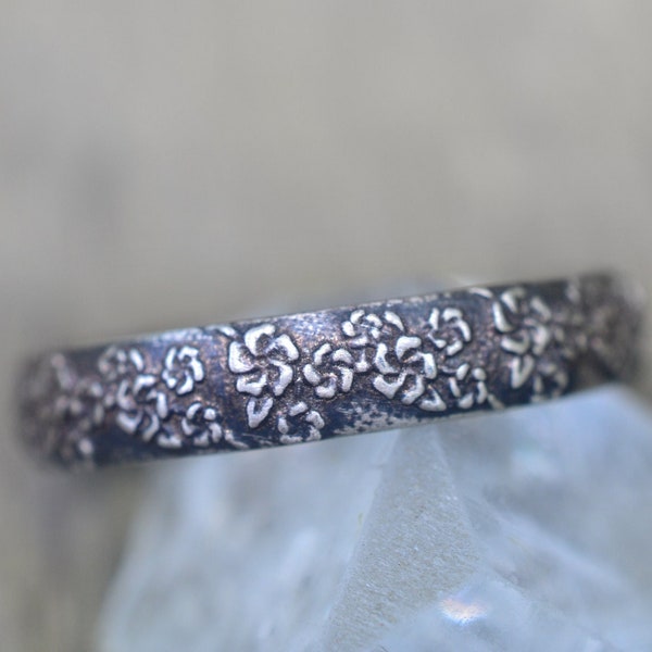Cherry Blossom Wedding Band, 4mm Oxidised Sterling Silver Flower Ring, Commitment Jewellery