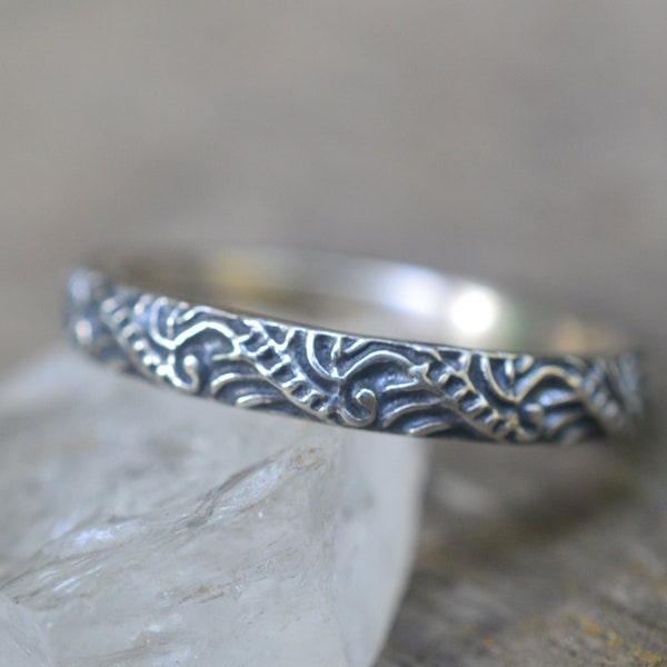 Baroque Wedding Band, Womens Antiqued Silver Narrow Wedding Ring, Gothic Oxidized Sterling Jewelry