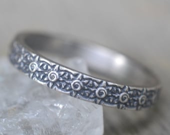 Sun Pattern Ring, Women's Narrow 3mm Oxidised Sterling Band, Celestial Solar Stacking Jewelry, Recycled 925 Silver