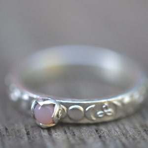 Pink Opal Ring, Satin 925 Silver Triple Goddess New Moon Full Moon Band, Dainty 3mm Cabochon, Pagan Jewelry