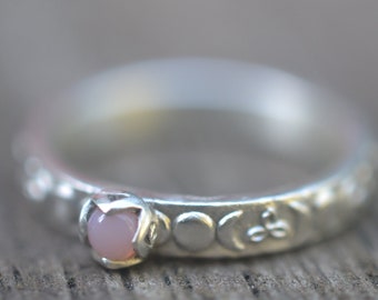 Pink Opal Ring, Satin 925 Silver Triple Goddess New Moon Full Moon Band, Dainty 3mm Cabochon, Pagan Jewelry