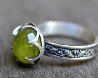 Earthy Peridot Ring, Oak Leaf Pattern Band, 10mm Rose Cut Natural Green Crystal, Womens Nature Jewellery