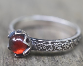 Hessonite Garnet Ring, 5mm Orange Stone, Flower Bezel, Gothic Oxidised Sterling Silver Rose Leaf Band, Forest & Nature Jewellery