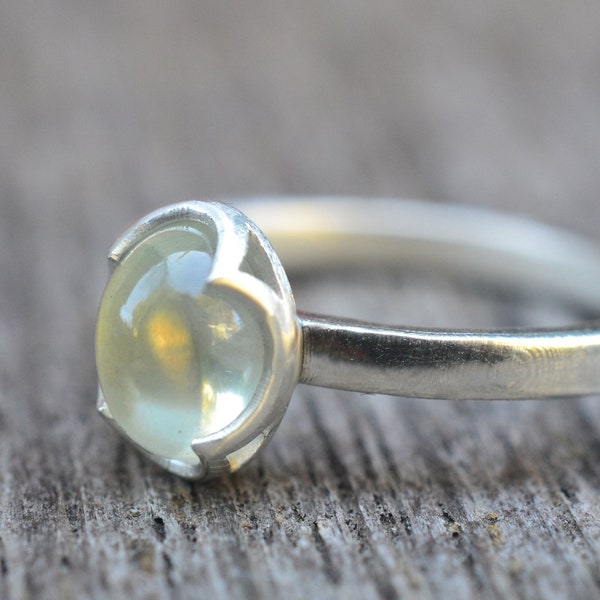 Green Moonstone Ring, Bezel Set 10x8mm Oval Gemstone, Simple Minimalist Recycled 925 Sterling Silver Statement Jewellery