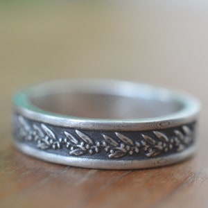 Mens Wedding Band, Oxidised Silver Gum Leaf Ring, Australian Nature Inspired Eucalyptus Jewelry