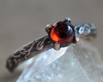 Hessonite Garnet Engagement Ring, 5mm Natural Stone, Oxidised Silver Art Nouveau Style Vine Leaf Pattern